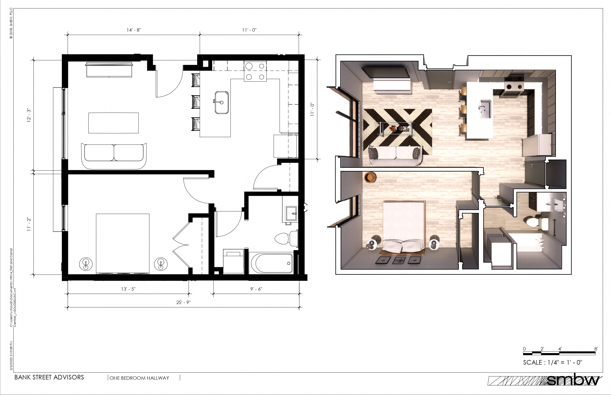 Floor plan for 1 bed, 1 bath, 662 sqft